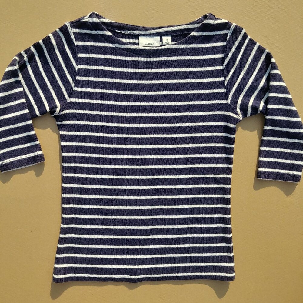 LL Bean navy blue white striped top elbow sleeves size XS Petite